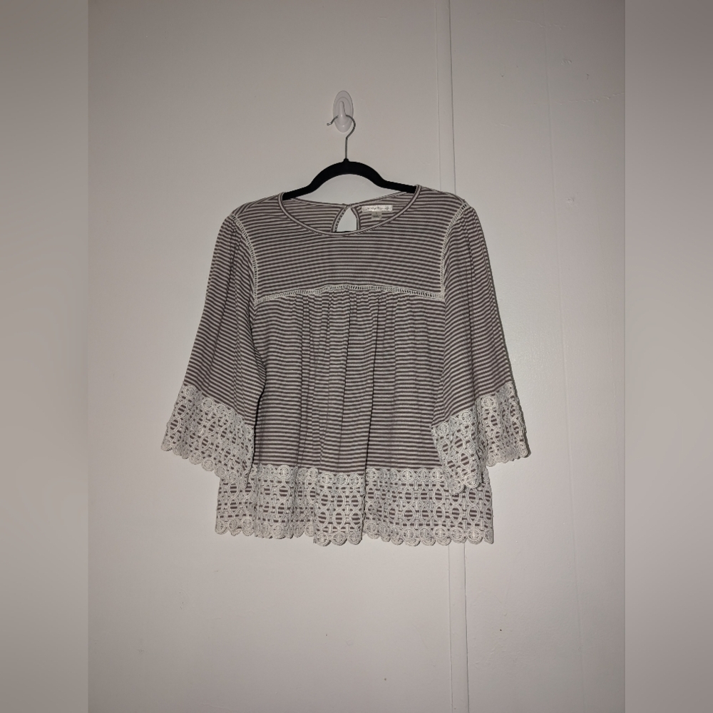 JohnPaulRichard Vintage Brown and White Striped Blouse with Lace